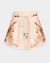 Zimmermann Ascension Belted Bead-embellished Floral-print Linen Shorts In Neutral