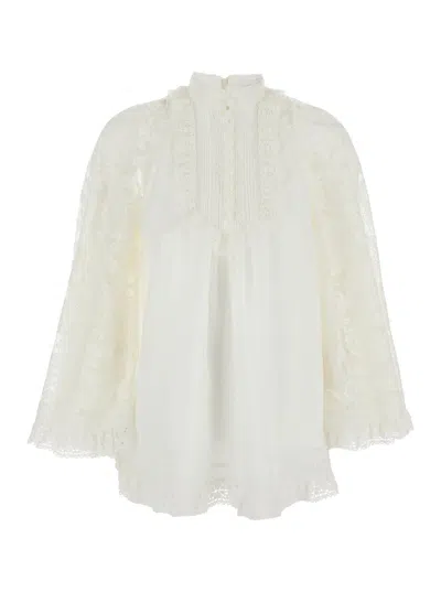 Zimmermann Ascension White Blouse With Lace Panels And Scallop Hem In Ramie Woman In Neutral