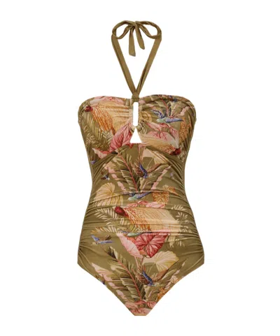 Zimmermann Ascension Wide Link Floral One-piece Swimsuit In Green