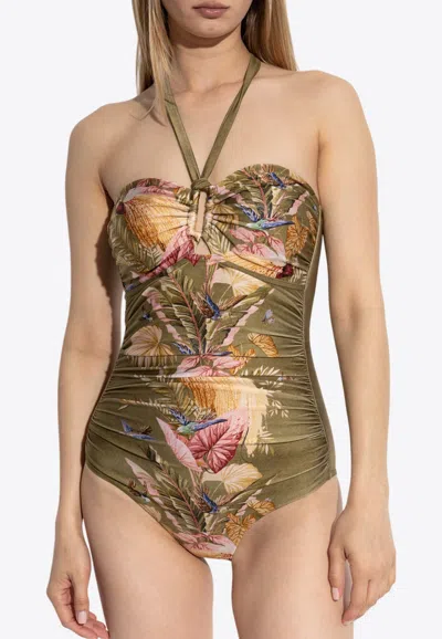 Zimmermann Ascension Wide Link Floral One-piece Swimsuit In Green