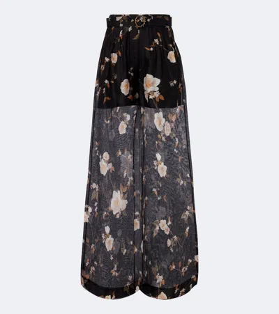 Zimmermann Ascent Floral Linen And Silk Wide-leg Pants In Black