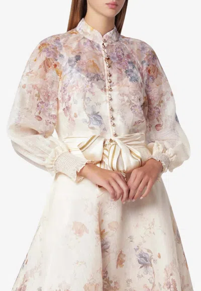 Zimmermann Ascent Floral Print Puff-sleeved Blouse In White