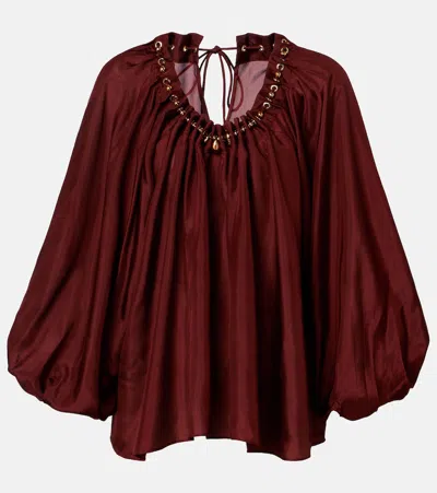 Zimmermann Aster Asymmetric Beaded Silk Habotai Blouse In Burgundy