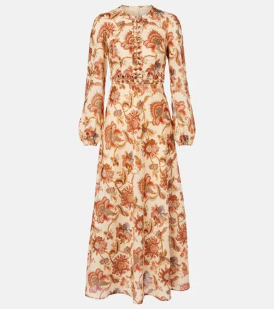 Zimmermann Aster Beaded Floral Linen Maxi Dress In Brown