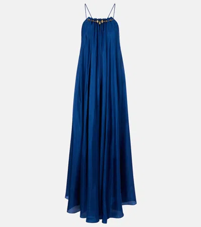 Zimmermann Aster Gathered Beaded Silk-satin Maxi Dress In Blue