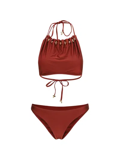Zimmermann Halterneck Ruched Bead Embellished Bikini Set In Brown