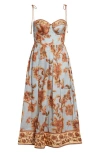 Zimmermann Womens Blue Jacobean Aster Corseted Printed Cotton Midi Dress In Multi