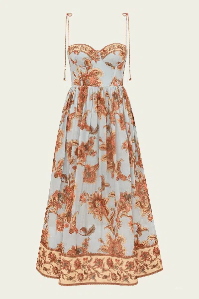 Zimmermann Womens Blue Jacobean Aster Corseted Printed Cotton Midi Dress In Multi