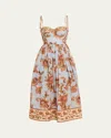 Zimmermann Womens Blue Jacobean Aster Corseted Printed Cotton Midi Dress In Multi