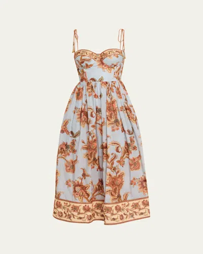 Zimmermann Womens Blue Jacobean Aster Corseted Printed Cotton Midi Dress In Multi