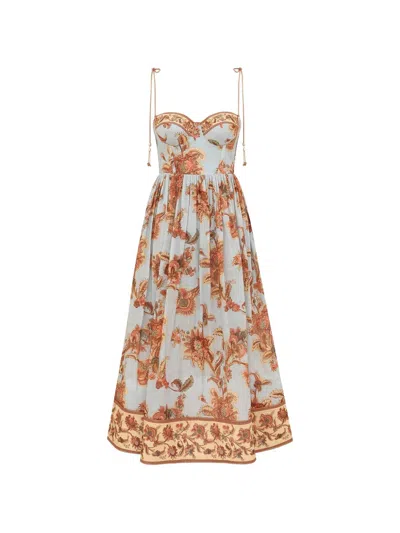 Zimmermann Womens Blue Jacobean Aster Corseted Printed Cotton Midi Dress In Multi