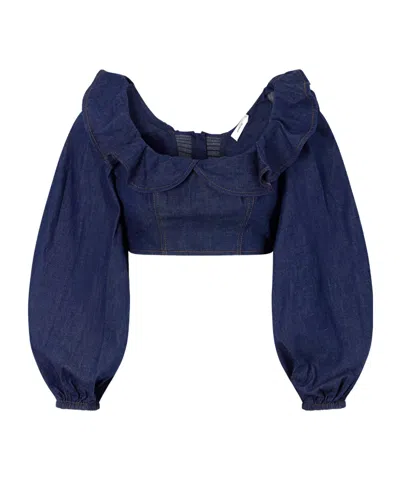 Zimmermann Aster Cotton-denim Frill Top In Blue
