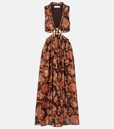 Zimmermann Aster Cut-out Printed Cotton Midi Dress In Brown