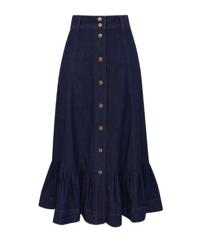 Zimmermann Aster Denim Frill Midi Skirt In Black