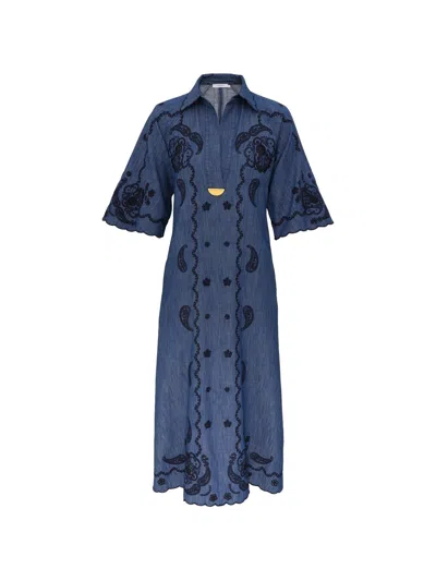 Zimmermann Denim Midi Dress Paisley Embroidery Neckline In Blue