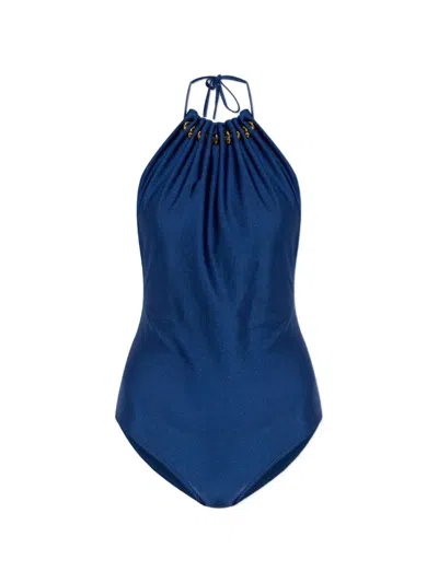 Zimmermann Aster Embellished Halterneck Swimsuit In Blue