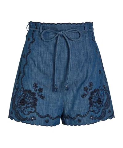 Zimmermann Aster Embroidered Belted Denim Shorts In Blue