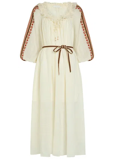 Zimmermann Aster Embroidered Belted Ramie Maxi Dress In Neutral