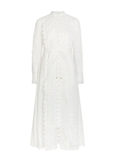 Zimmermann Aster Embroidered Belted Ramie Midi Dress In White