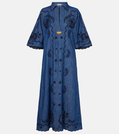 ZIMMERMANN ASTER EMBROIDERED DENIM MIDI DRESS