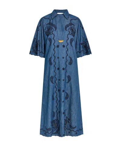 Zimmermann Aster Embroidered Denim Midi Dress In Blue