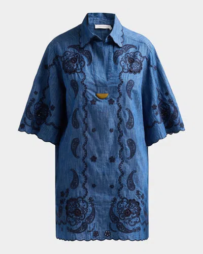 Zimmermann Aster Embroidered Denim Mini Dress In Blue