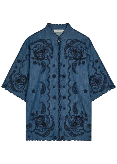 Zimmermann Aster Embroidered Denim Shirt In Blue