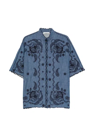 Zimmermann Aster Embroidered Denim Shirt In Blue