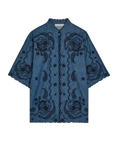 Zimmermann Aster Embroidered Denim Shirt In Blue