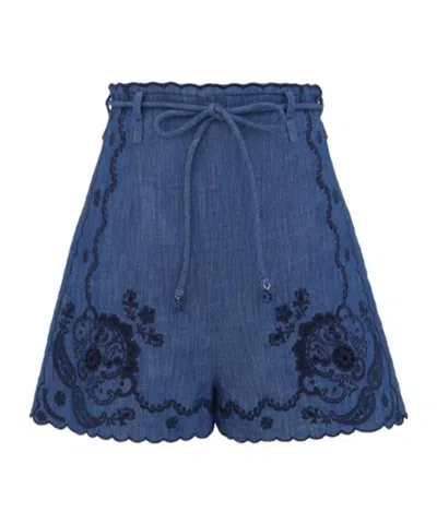 Zimmermann Aster Embroidered Denim Short In Blue