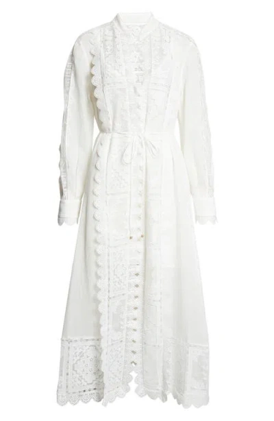 Zimmermann Aster Embroidered Lace Trim Long Sleeve Midi Dress In White