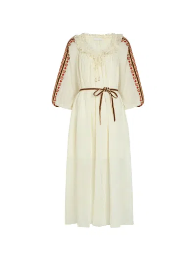 Zimmermann Aster Embroidered Belted Ramie Maxi Dress In Neutral