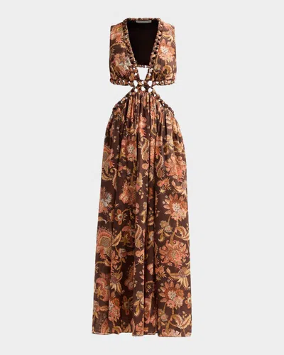 Zimmermann Aster Floral Cotton Cut-out Midi Dress In Neutral