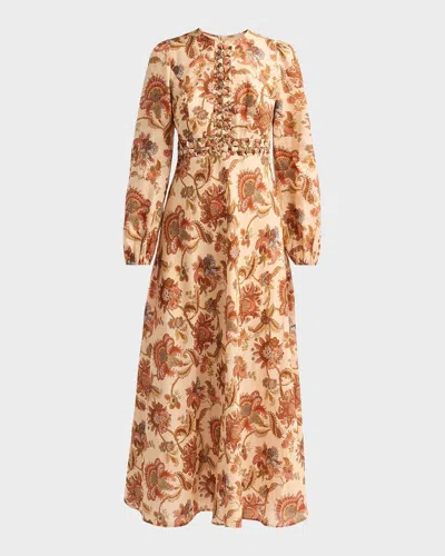 Zimmermann Aster Floral Linen Knot Detail Maxi Dress In Crm Jacobe