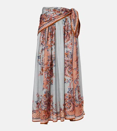 Zimmermann Blue Floral Paisley-print Silk Habotai Aster Scarf Midi Skirt In Brown