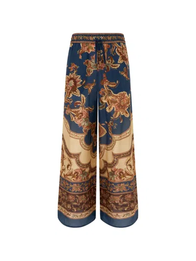 Zimmermann Womens Navy Jacobean Aster Wide-leg Silk Trousers In Multi