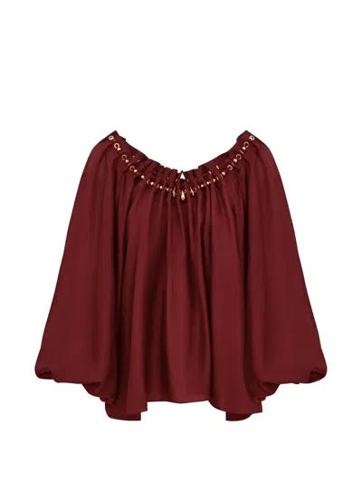 Zimmermann Aster Asymmetric Beaded Silk Habotai Blouse In Burgundy