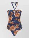 Zimmermann Aster Printed Halterneck Stretch-polyamide Swimsuit In Blue