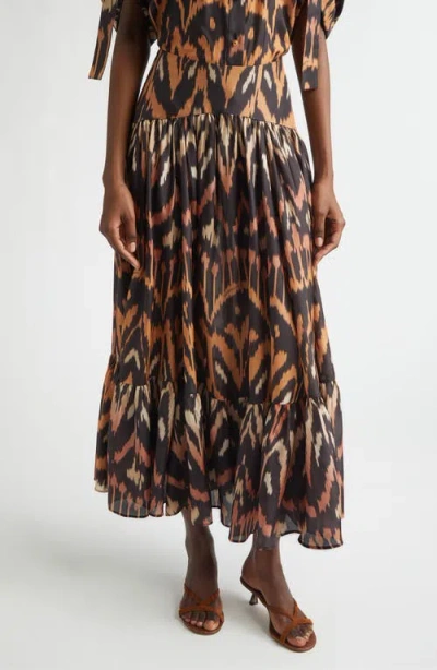 Zimmermann Aster Ikat Print Tiered Silk Skirt In Brown