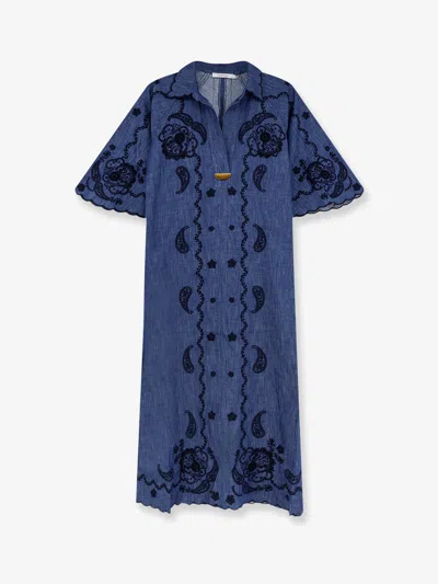 Zimmermann Aster Long Denim Dress With Contrasting Embroidery In Blue