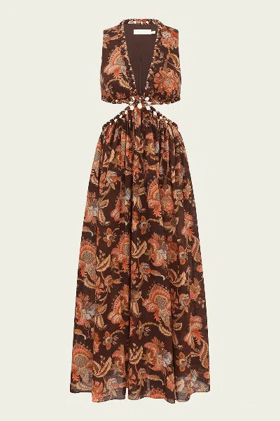 Zimmermann Aster Midi Dress In Chocolate Jacobean