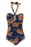 Zimmermann Aster Printed Halterneck Stretch-polyamide Swimsuit In Blue