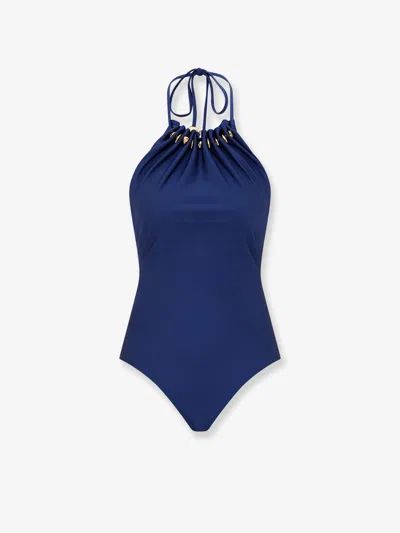 Zimmermann Aster One-piece Swimsuit In Shiny Nylon With Bead Detail In Blue
