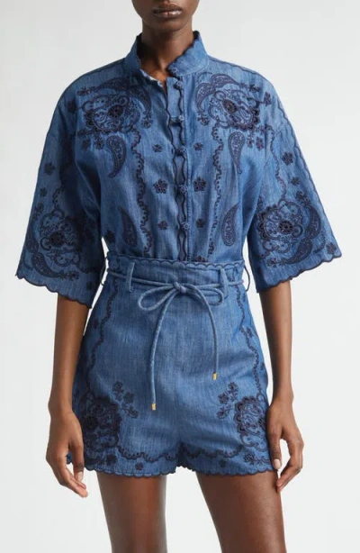 Zimmermann Aster Paisley Embroidered Denim Shirt In Blue