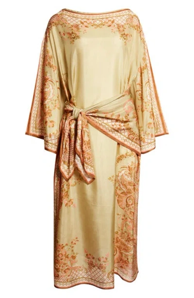 Zimmermann Aster Paisley Print Long Sleeve Tie Waist Silk Midi Dress In Yellow