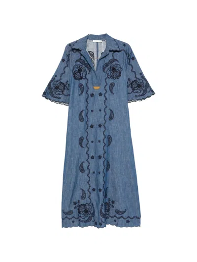 Zimmermann Aster Paisley-embroidered Scalloped-edge Midi Dress In Blue