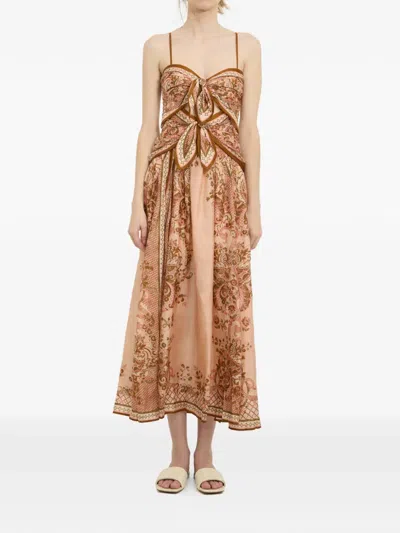 Zimmermann Womens Pink Paisley Floral Aster Scar Silk Midi Dress Xl In Brown