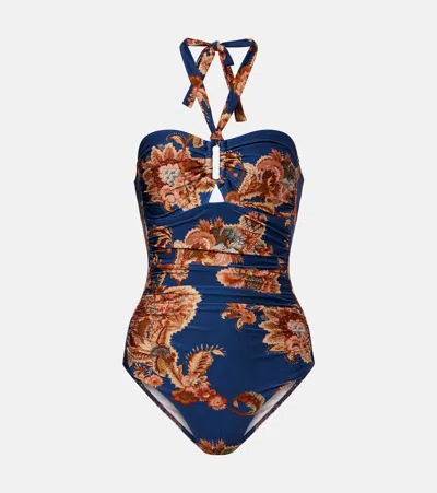 Zimmermann Aster Printed Halterneck Swimsuit In Multi