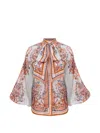 Zimmermann Paisley Floral Pure Silk Blouse With Self-tie Neck Detail In Black