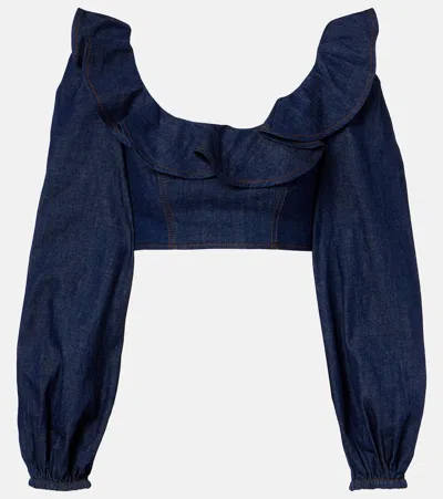 Zimmermann Aster Ruffled Denim Crop Top In Blue